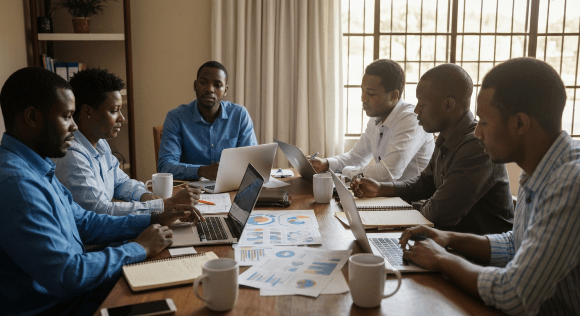 How to Use AI in Business with No Money 2 Professionals doing market research with AI tools in a Botswana office