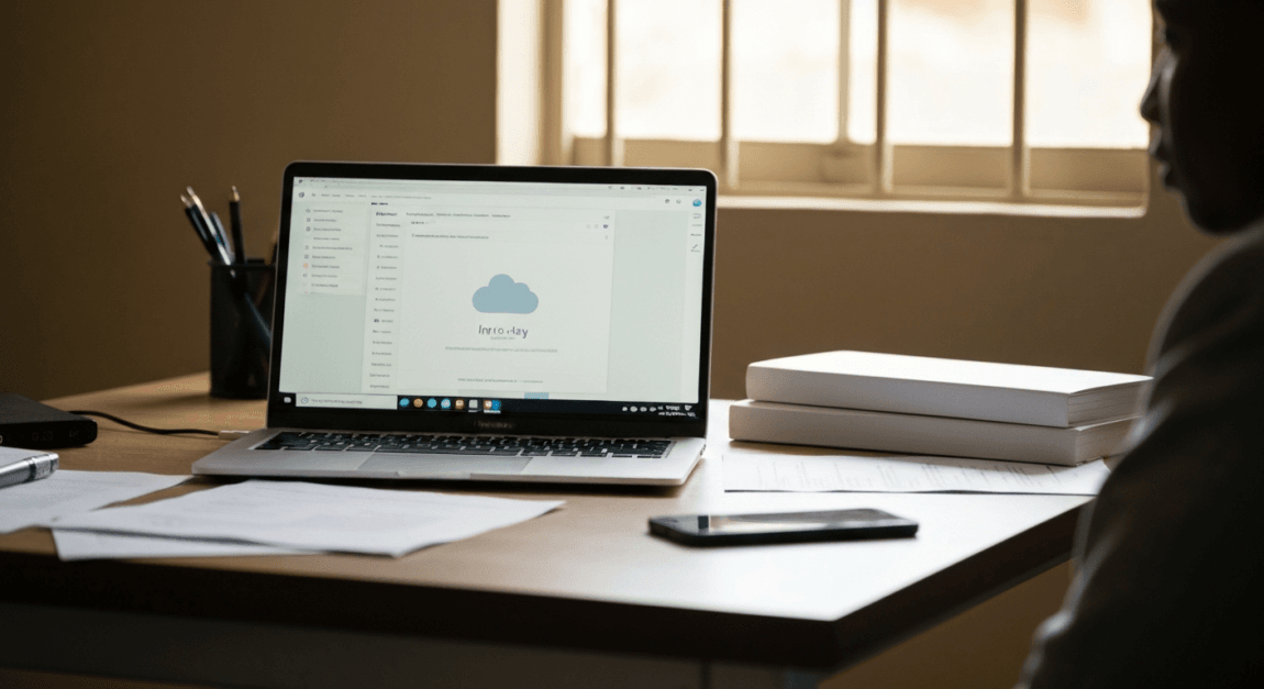 Digital Transformation for SMEs in Botswana: A Roadmap to Go Digital 4 Laptop on desk with cloud tools in Botswana office.