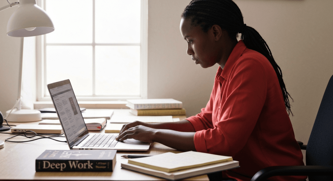 Mindset & Self-Development Books for Entrepreneurs 3 Botswana entrepreneur practicing deep work techniques to enhance productivity.