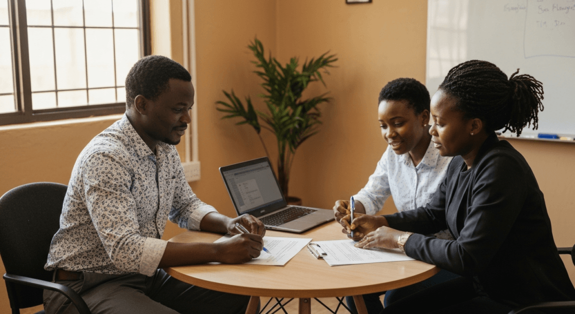 Business partners in Botswana discuss a document in an office setting