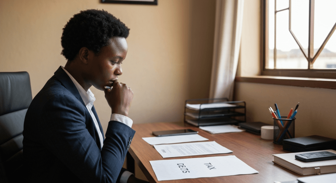 Botswana entrepreneur contemplating liability and taxation documents in a home office