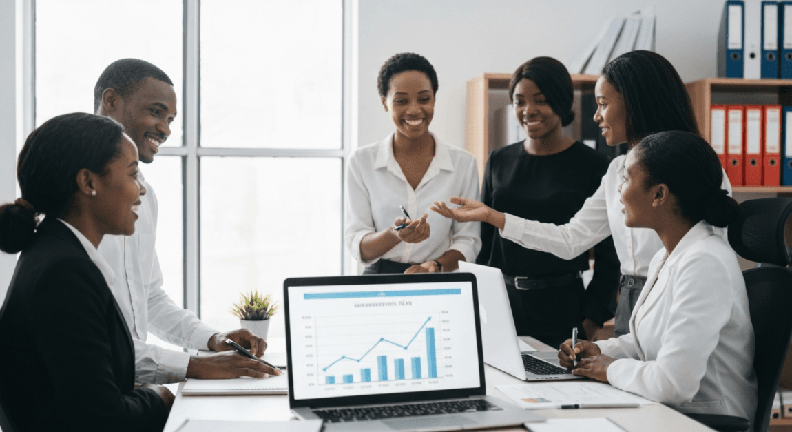Botswana business team in a small office discussing growth and investment plans