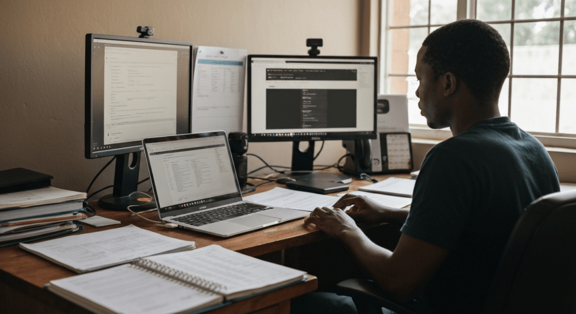 Entrepreneur multitasking at a cluttered desk with a laptop and documents in a Botswana home office.