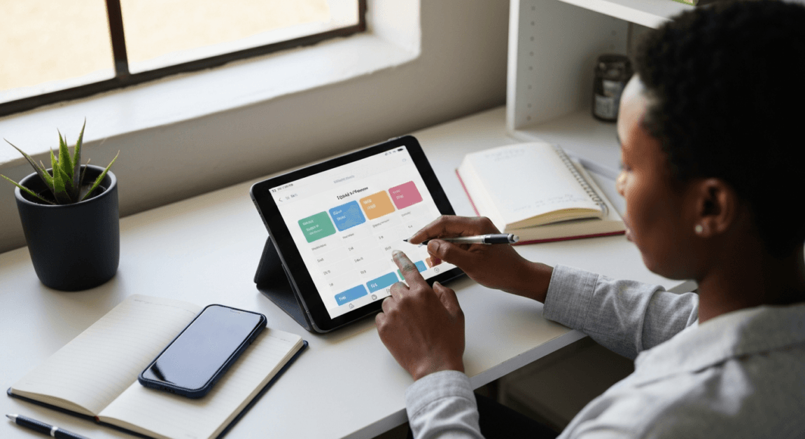 Person using a digital planner app on a tablet in a Botswana home office setting.