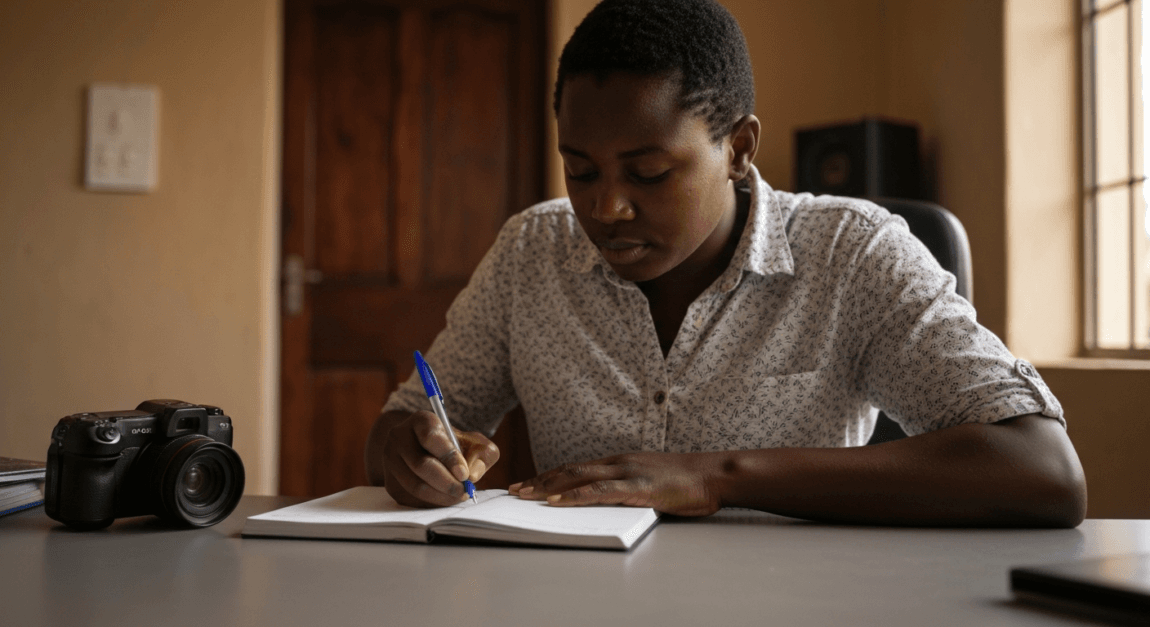 Person in a Botswana office deeply focused on writing in a notebook, embodying deep work.