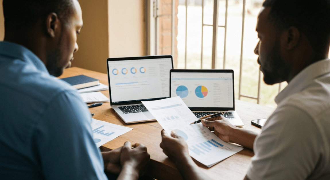 How to Write a Business Plan 2 Botswana entrepreneurs reviewing financial plans in a small office.