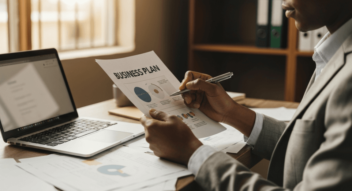 How to Write a Business Plan 3 Botswana entrepreneur revising a business plan in a small office.