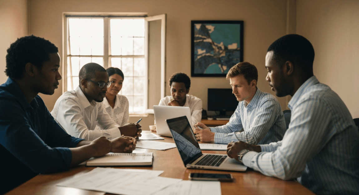 Building a High-Performance Team in Botswana 1 Team reviewing candidate profiles in a Botswana office, focused on cultural fit