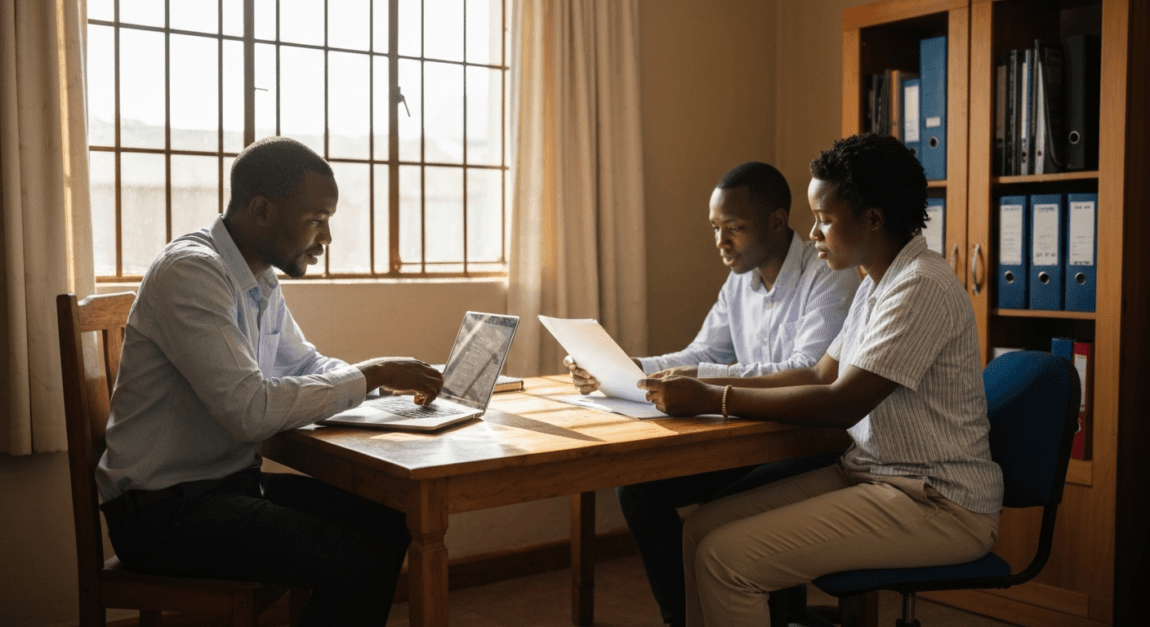 Small business owner reviewing documents with a microfinance advisor in a Botswana office