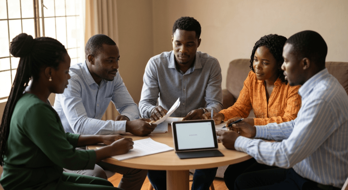 Group discussion between small business owners and a microfinance representative in Botswana