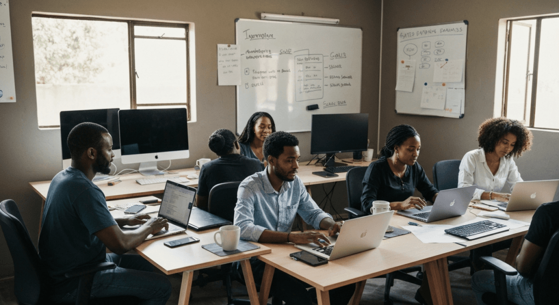 Marketing and sales teams in Botswana collaborating in an office, sharing strategies and objectives