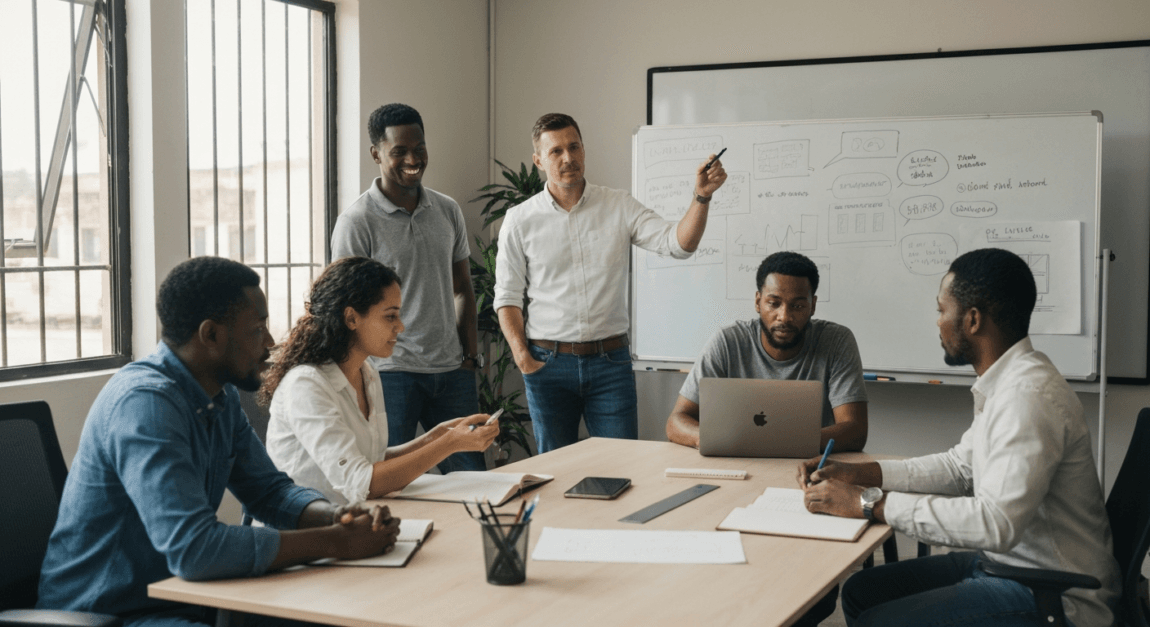 Diverse team brainstorming in an informal office setting in Botswana, illustrating speed and adaptation for business growth