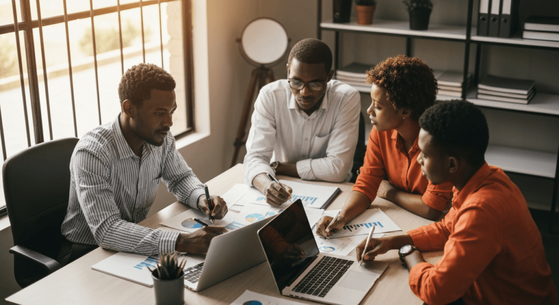 Professionals collaborating on business operations in a small office space, relating to Verne Harnish's scaling principles