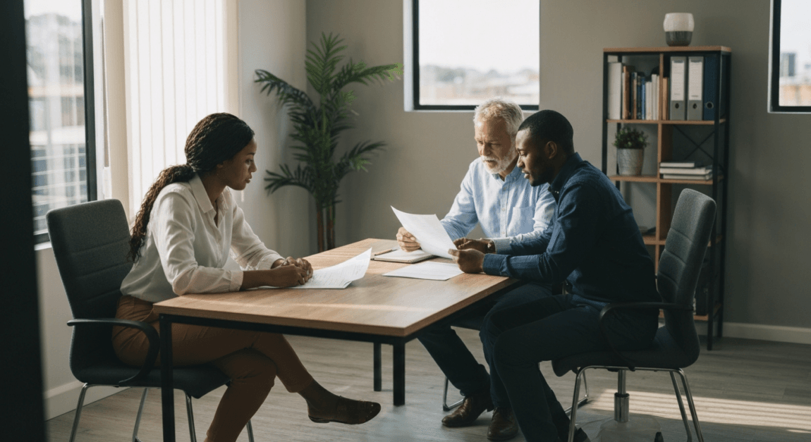 Entrepreneur and candidate in a hiring discussion, symbolizing considerations for business expansion and recruitment