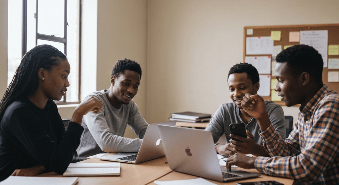 Business Ideas for Students and Young Entrepreneurs 1 Young adults in a Botswana office workspace engaged in a discussion, enhancing leadership and communication skills.