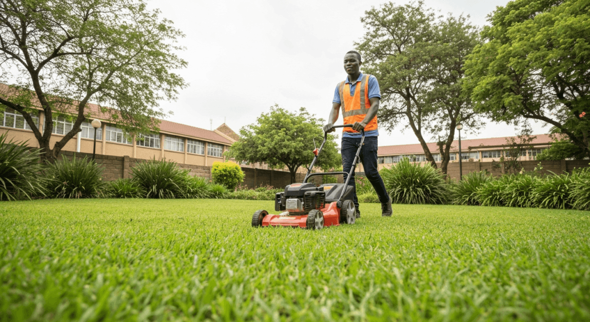Business Ideas for Students and Young Entrepreneurs 3 Young entrepreneur providing lawn care services in a Botswana residential area near a campus.