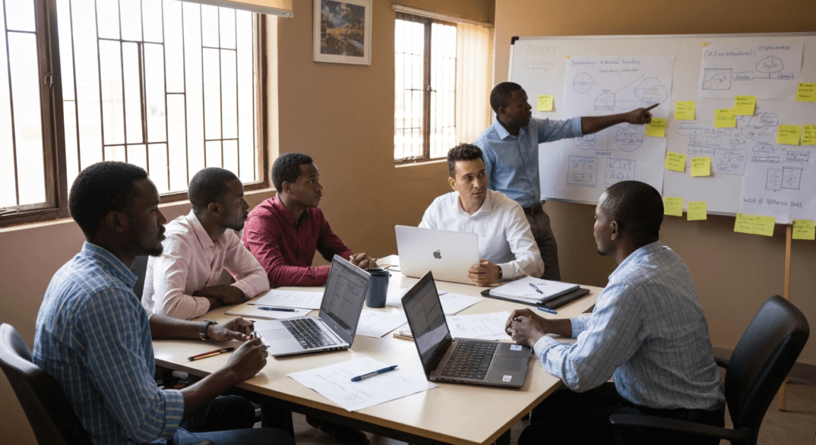 Entrepreneurs in Botswana discussing NGO organizational structures in a small office setting
