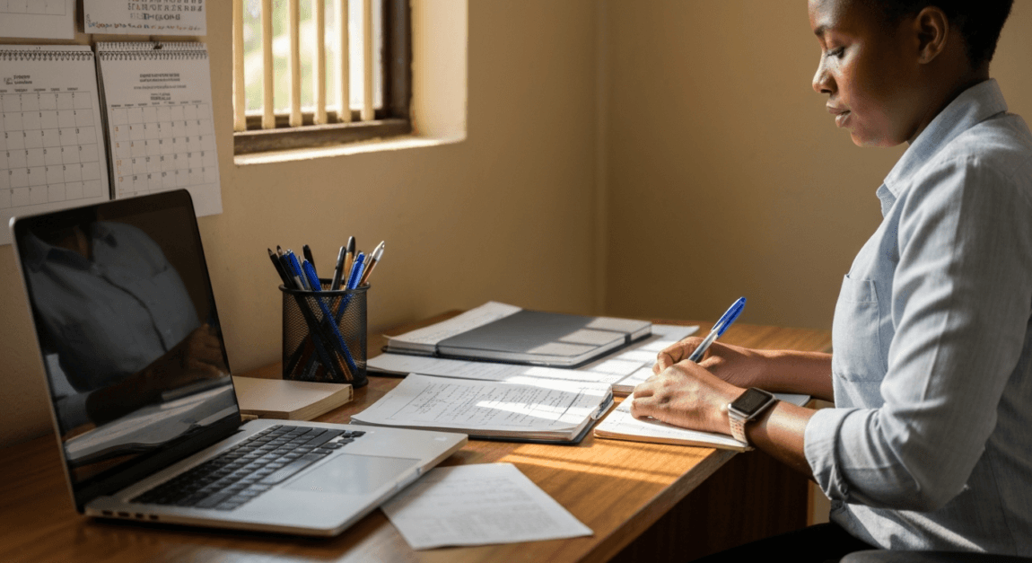 Person organizing NGO registration documents in a Botswana home office