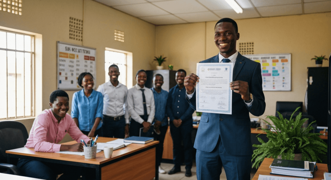 NGO founder in Botswana holding a certificate of registration with colleagues in a small office