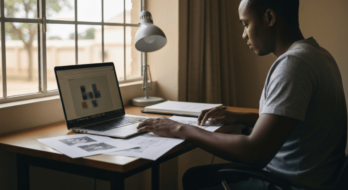 Freelancer working on a laptop in a home office, focusing on graphic design work.