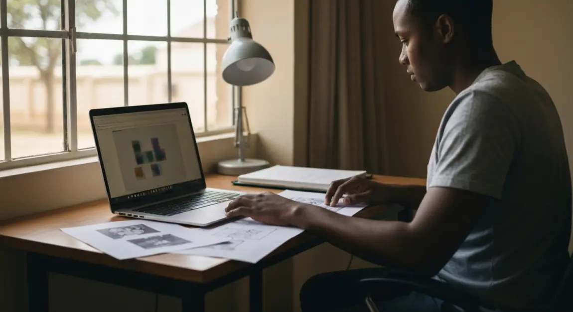 Side Hustle Ideas for Extra Income 1 Freelancer working on a laptop in a home office, focusing on graphic design work.