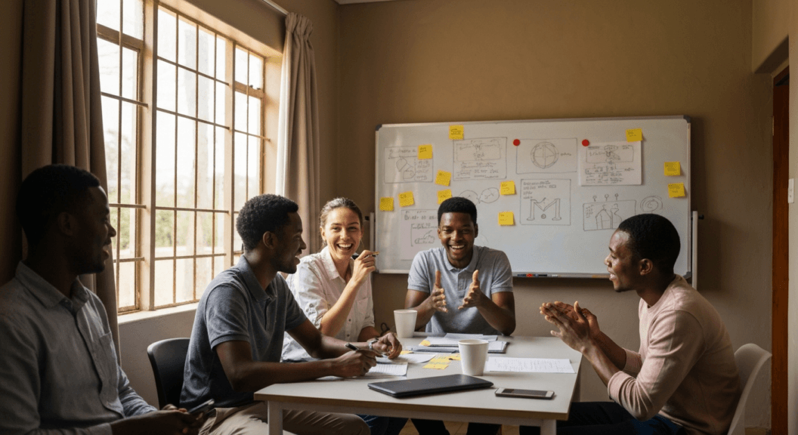 Botswana SME team brainstorming guerrilla marketing tactics in a small office space