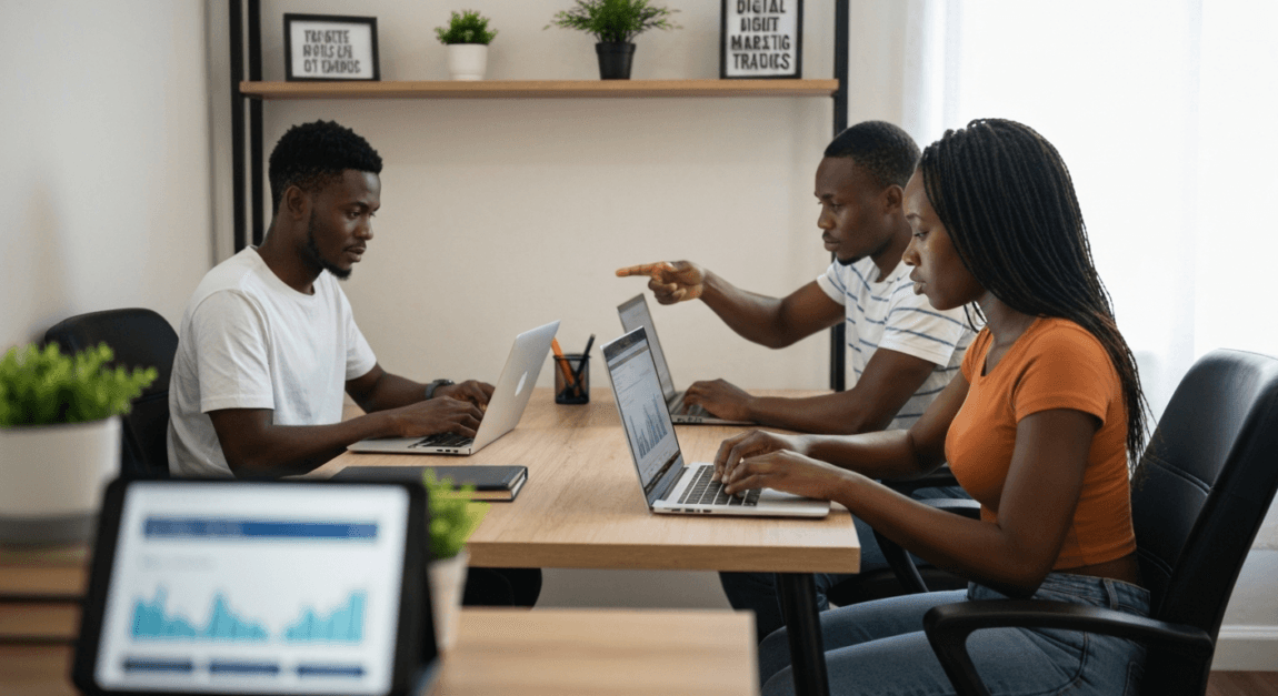 Entrepreneurs in Botswana working on a digital marketing strategy with laptops and tablets
