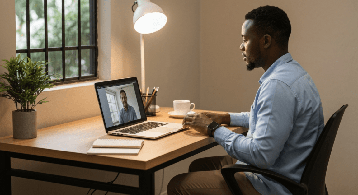 Entrepreneur in Botswana engaging with a client through a video call, focusing on sales strategy