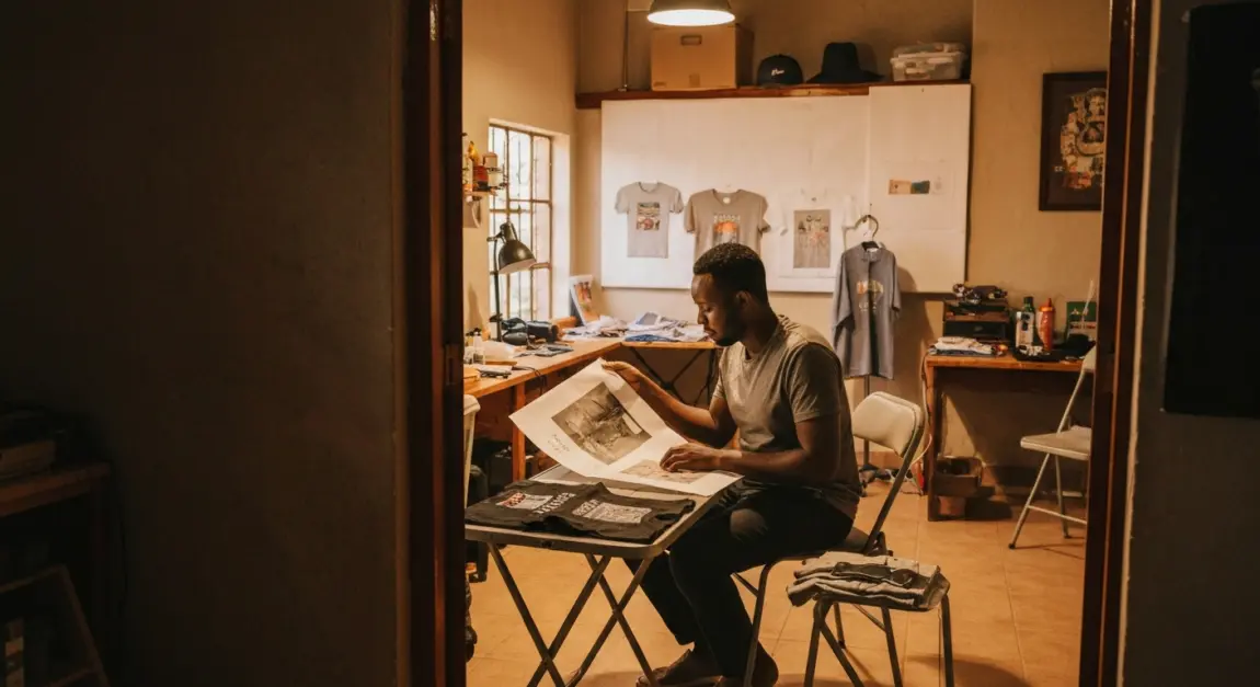 Side Hustle Ideas for Extra Income 3 Entrepreneur reviewing printed t-shirts in a home-based workspace in Botswana.