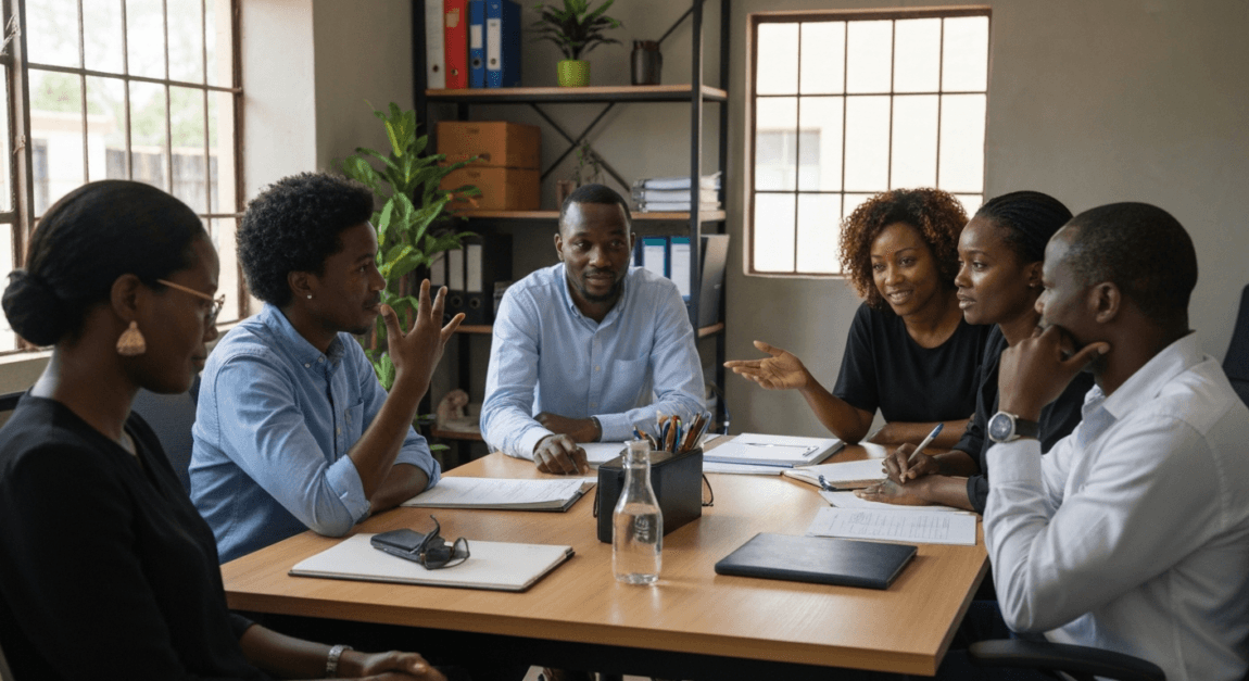Entrepreneurs in a Botswana office demonstrating effective body language during a meeting
