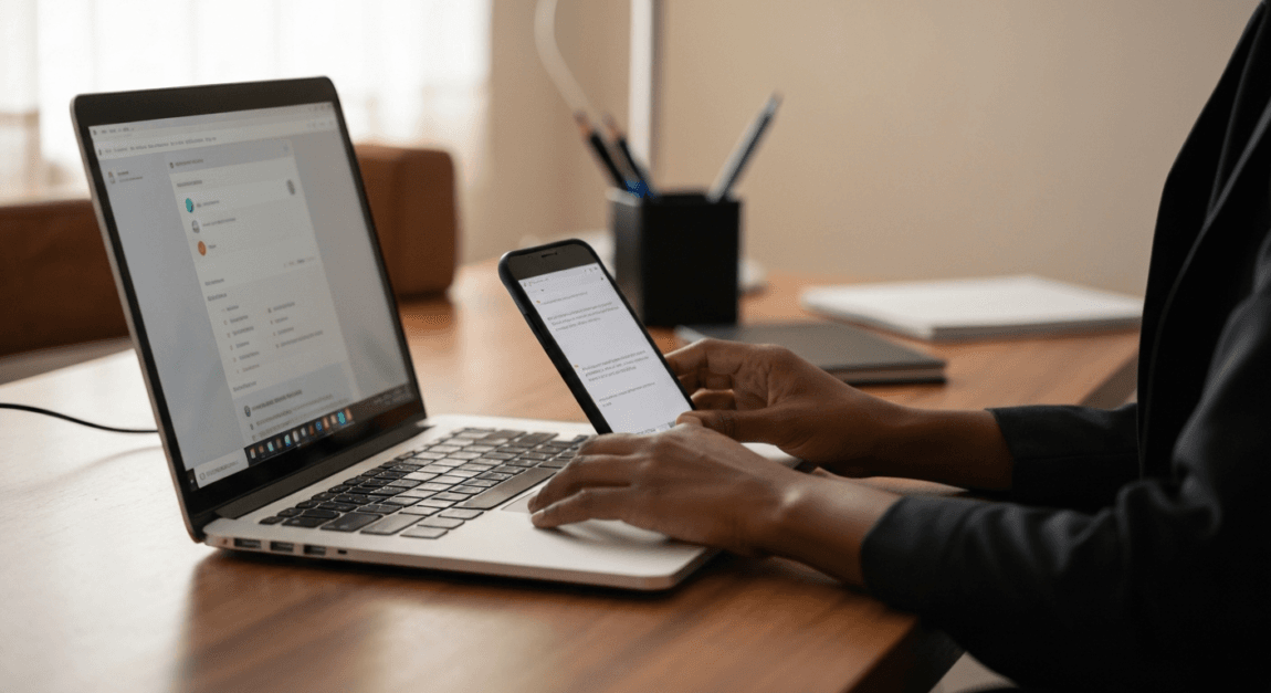 Professional in Botswana home office using laptop and smartphone for digital communication