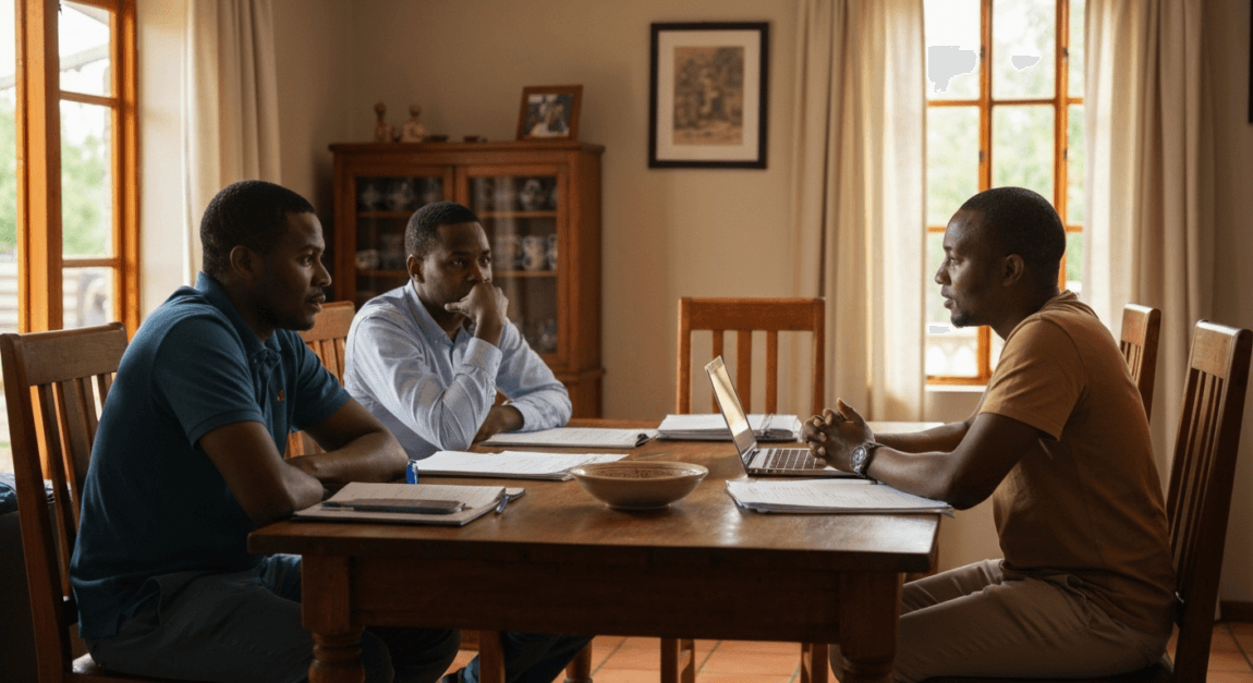 Two adults in a Botswana home workspace engaged in active listening during a business discussion