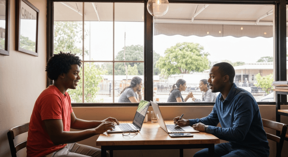 Local business owners in Botswana collaborating in a cafe