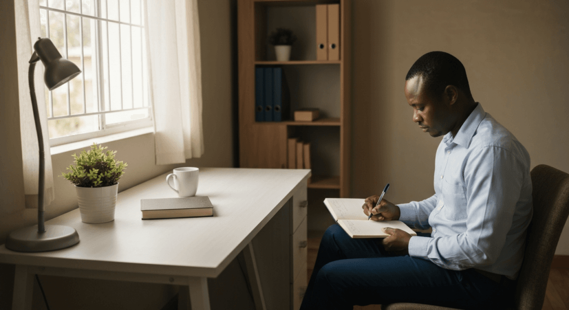 Top Personal Development Books for Business Success 1 Entrepreneur journaling habits at a home office, promoting effective habits for growth.