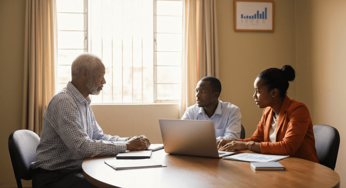 Top Personal Development Books for Business Success 4 Young and older entrepreneurs communicating in a Botswana office, emphasizing interpersonal skills.
