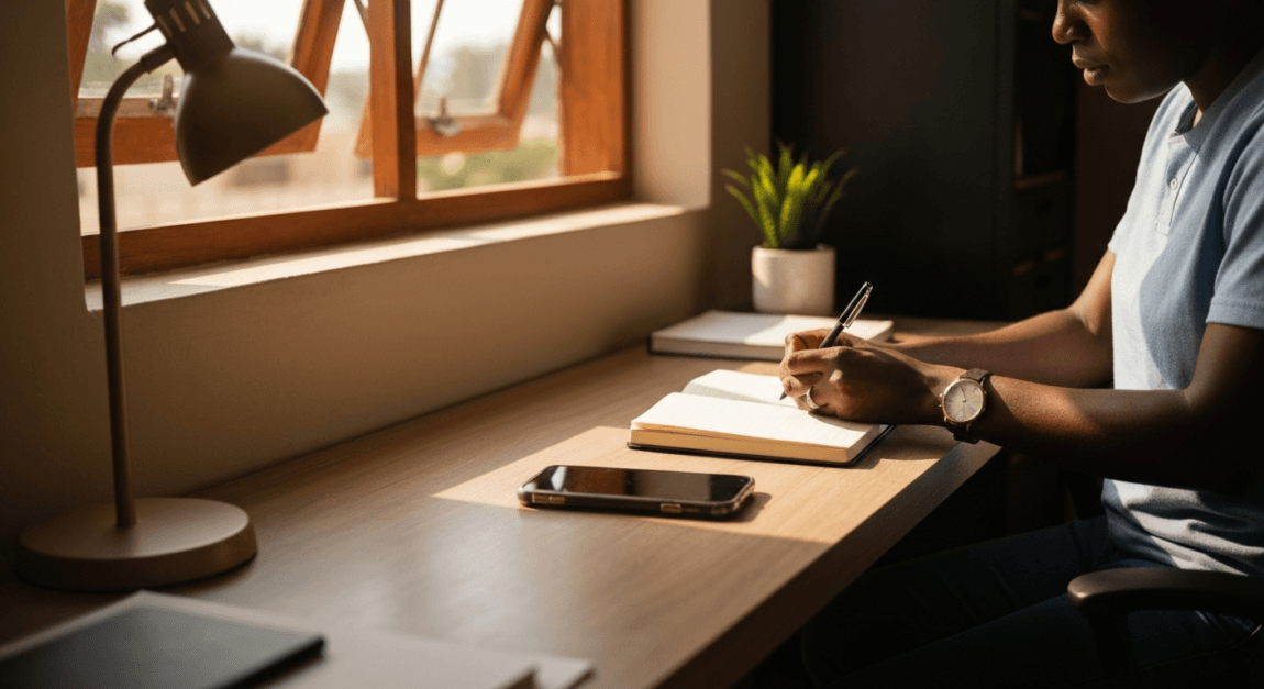 Top Personal Development Books for Business Success 7 Entrepreneur in Botswana reflecting through journaling at a home office desk.