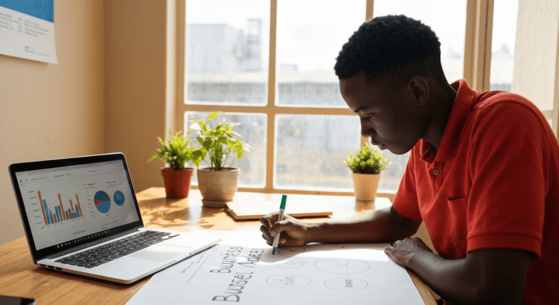 9. Lean Business Plan (One-Page Plan) 3 Entrepreneur sketching business model canvas in a Botswana office