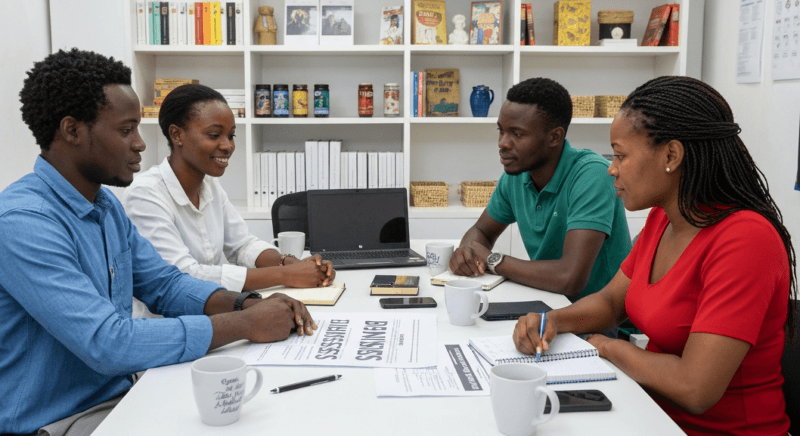 9. Lean Business Plan (One-Page Plan) 2 Botswana SME team in a meeting discussing a one-page business plan