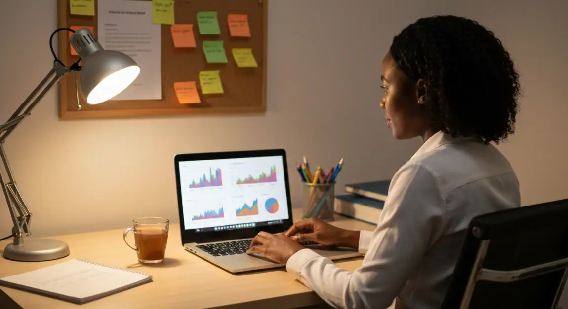 Lean Business Plan (One-Page Plan) 2 Botswana businesswoman using a lean business plan on a laptop in her home office