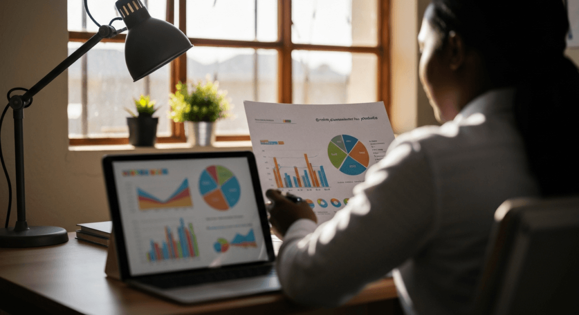 Organic Farming & Eco-Friendly Product Business Ideas 1 Person reviewing charts of consumer interest in organic products in Botswana office