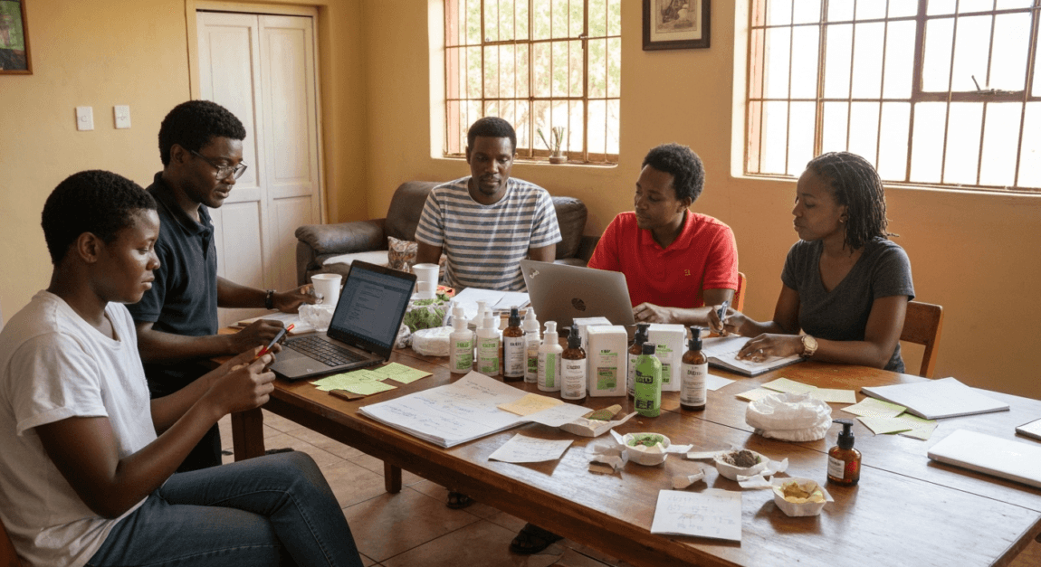 Organic Farming & Eco-Friendly Product Business Ideas 5 Team collaborating on natural cosmetics and green cleaning product innovations
