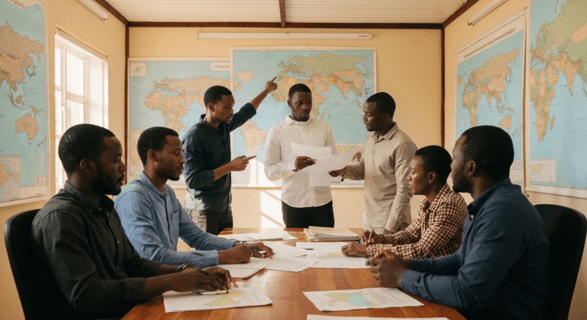 Team strategizing cross-border expansion over maps in Botswana office