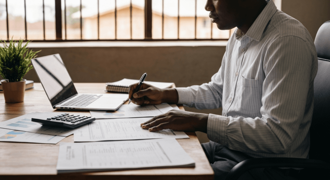 Accountant conducting financial audit in Botswana office environment
