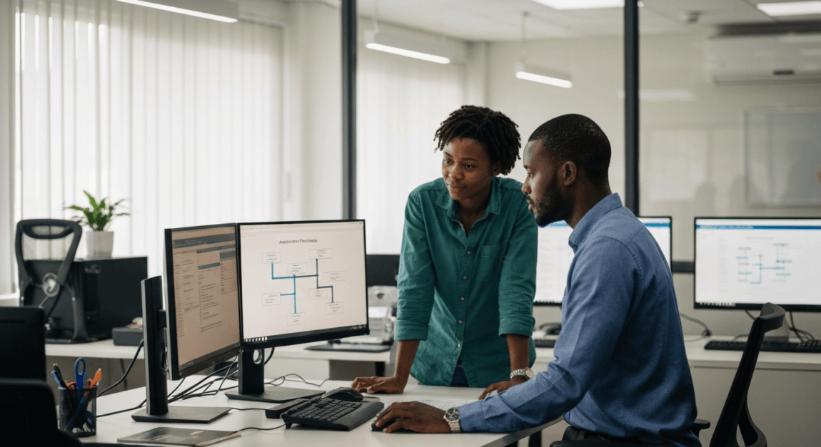 Employees in Botswana office implementing technology for process automation