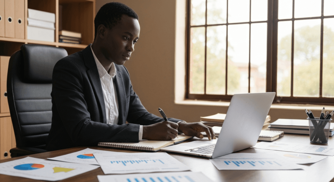 Local entrepreneur evaluating franchise options using digital tools in a private office