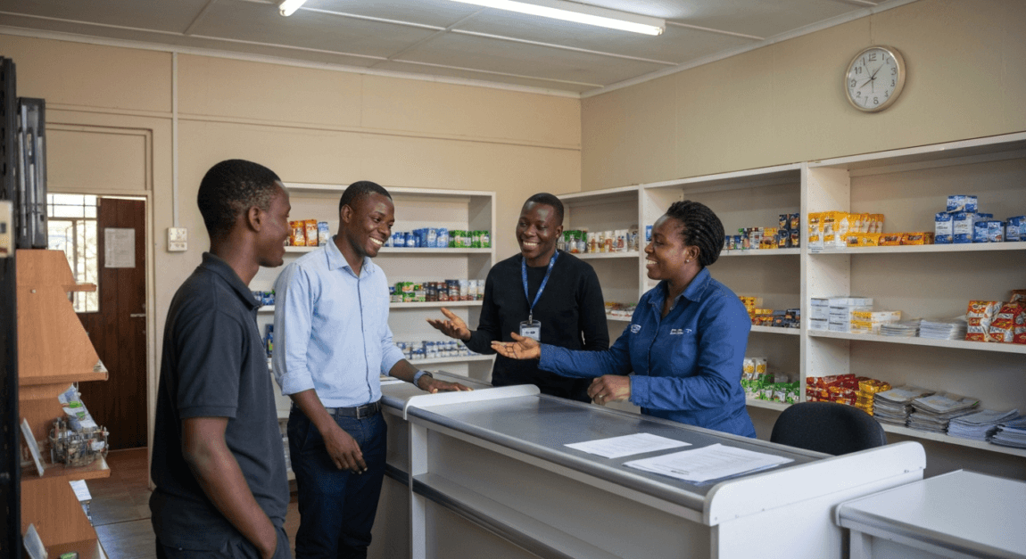 Team members collaborating in a small retail franchise in Botswana