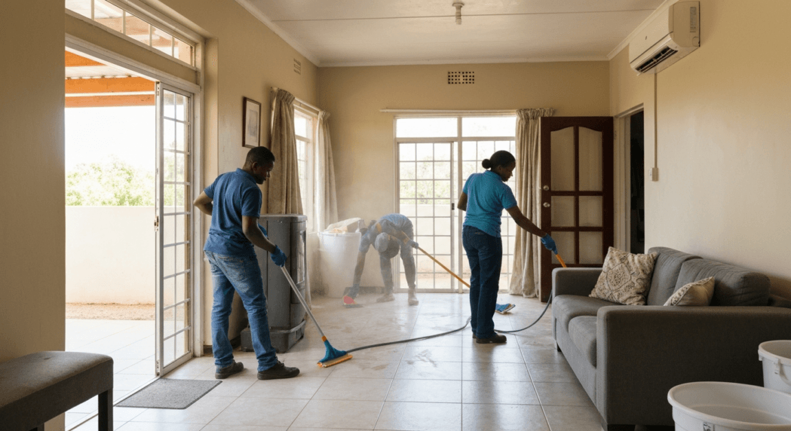 A cleaning service franchise team working efficiently inside a Botswana home