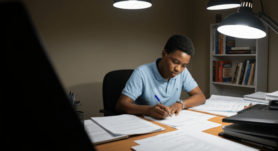 A young entrepreneur in Botswana focused on paperwork in a small office, representing business challenges.