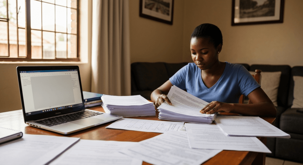 A woman organizing application documents for the Youth Development Fund in a cozy Botswana home setting.