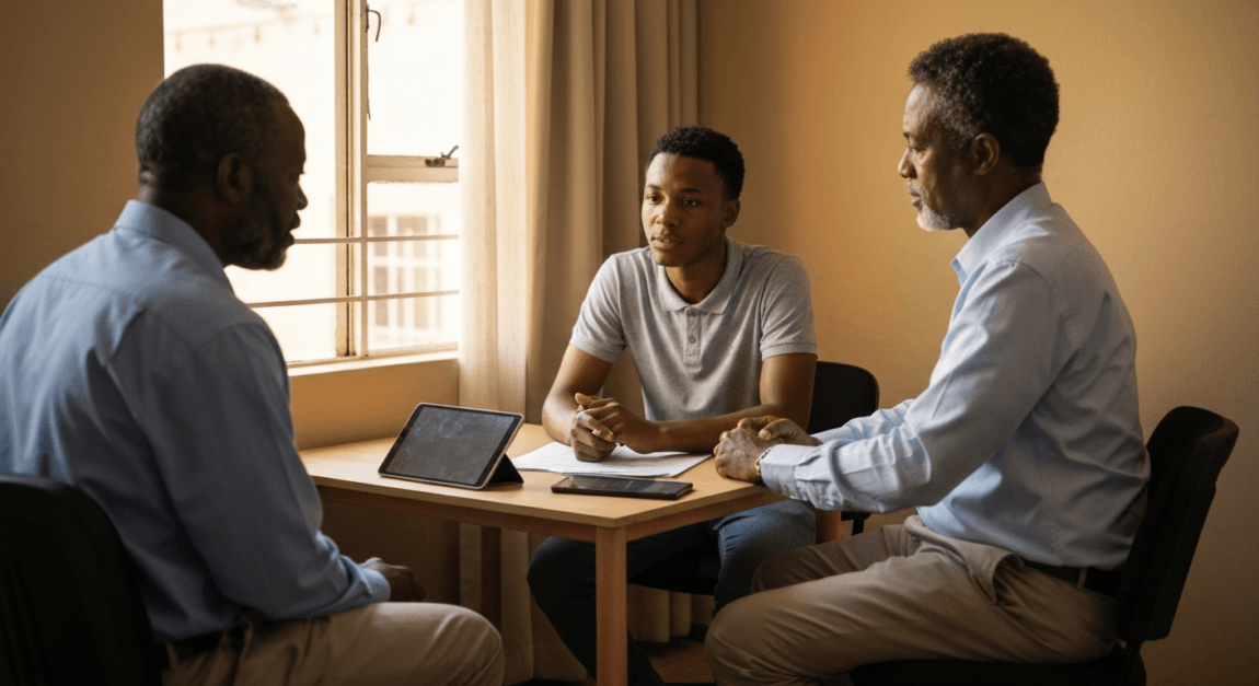 A young entrepreneur in Botswana receiving mentorship from an experienced advisor in a relaxed setting.